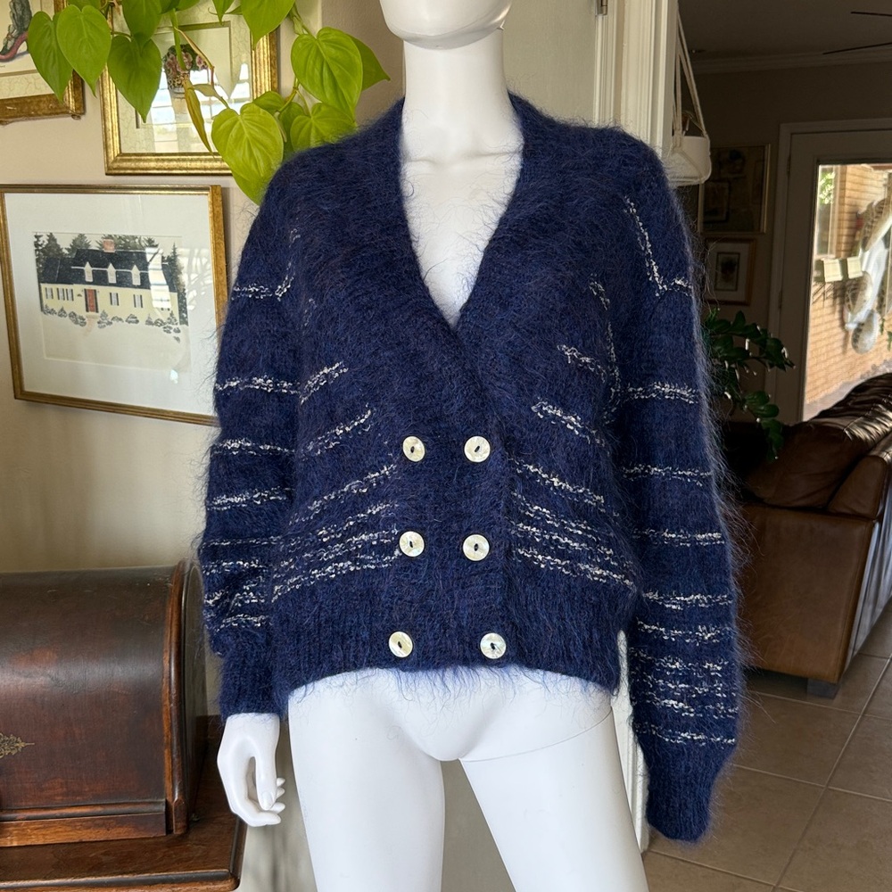 Yvonne Bergin Irland Vintage Mohair Navy Blue Double-Sweater/ Cardigan Size M